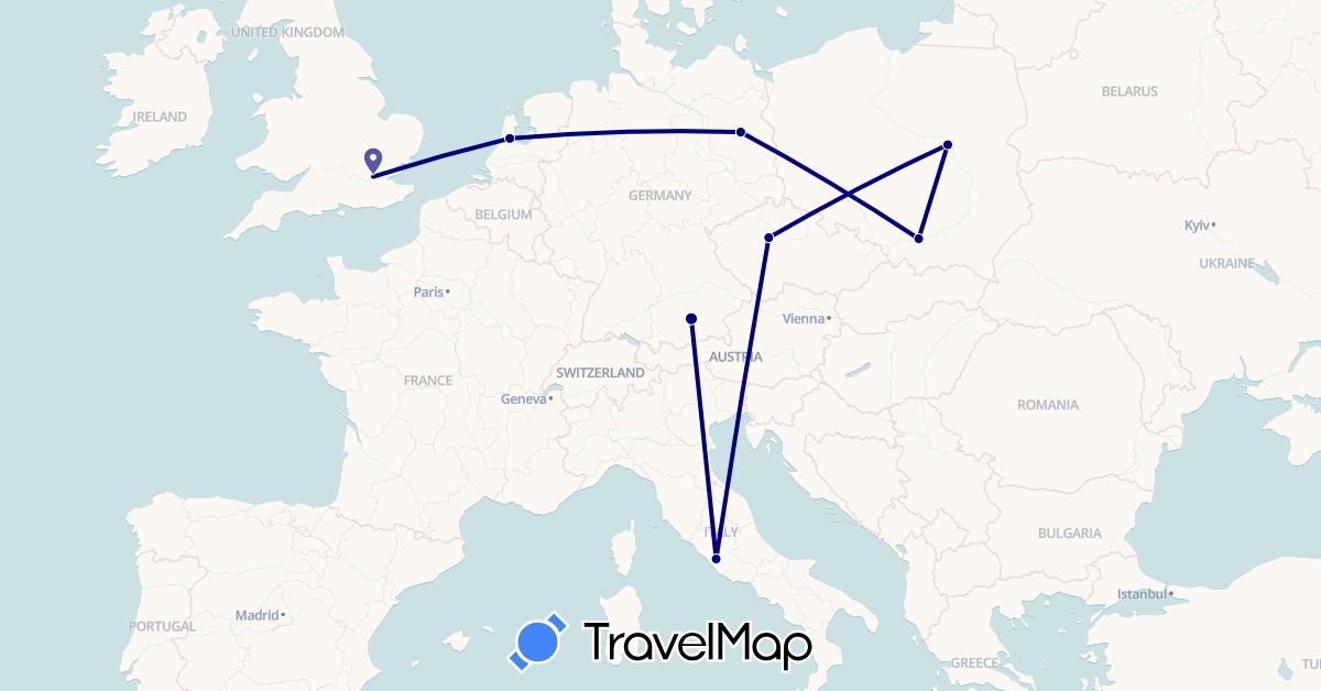 TravelMap itinerary: driving in Czech Republic, Germany, United Kingdom, Italy, Netherlands, Poland (Europe)
